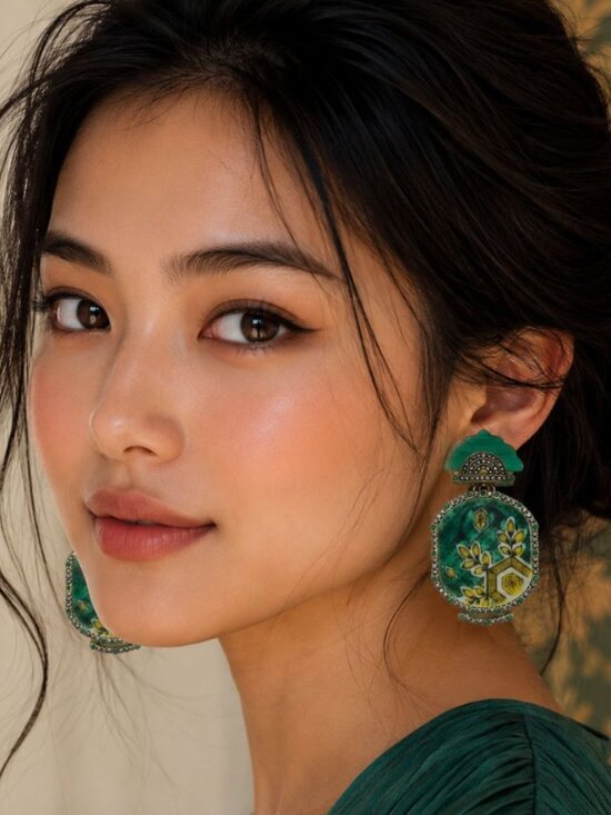 YesterdayTodayBazaar Jewelry - Art Deco Asian Style Earrings, Malachite Greed intricate pavé CZ detailing